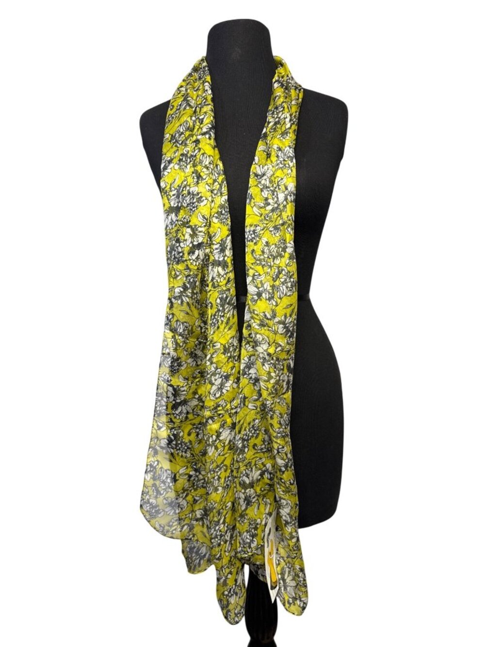 Chiffon Womens Scarf Yellow & Black Floral 72x23 Lightweight New With Tags
